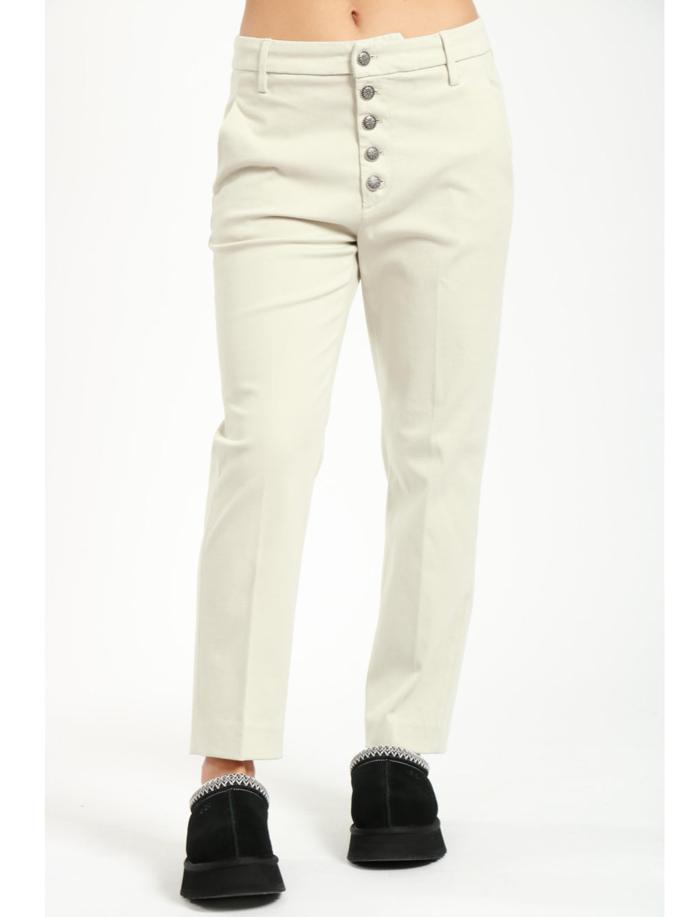 Nima Pants in Ivory Gabardine Cotton with Jewel Buttons
