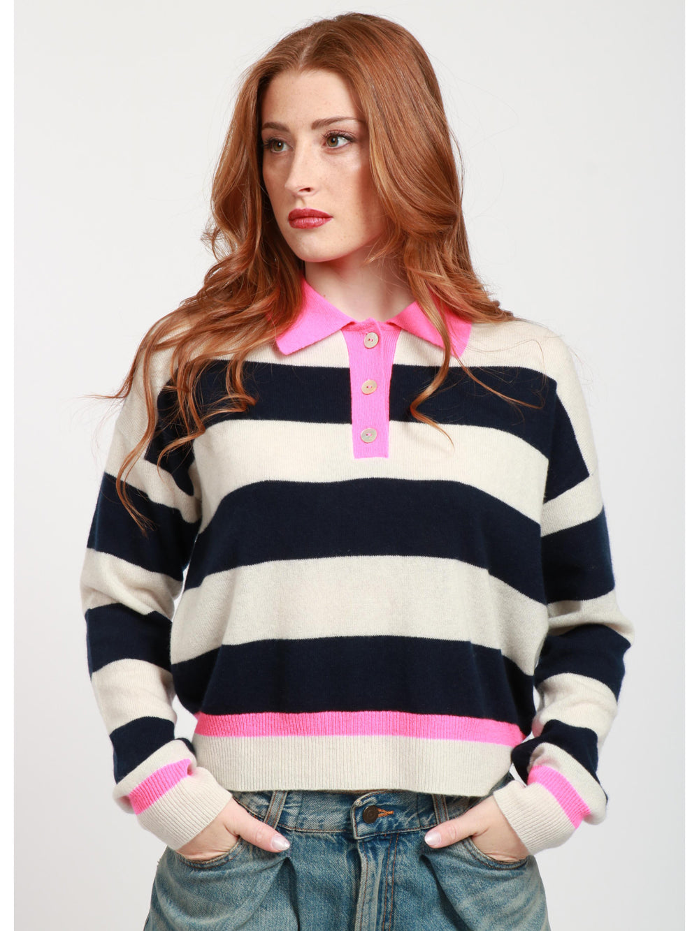 White and Blue Striped Cashmere Sweater with Fuchsia Details