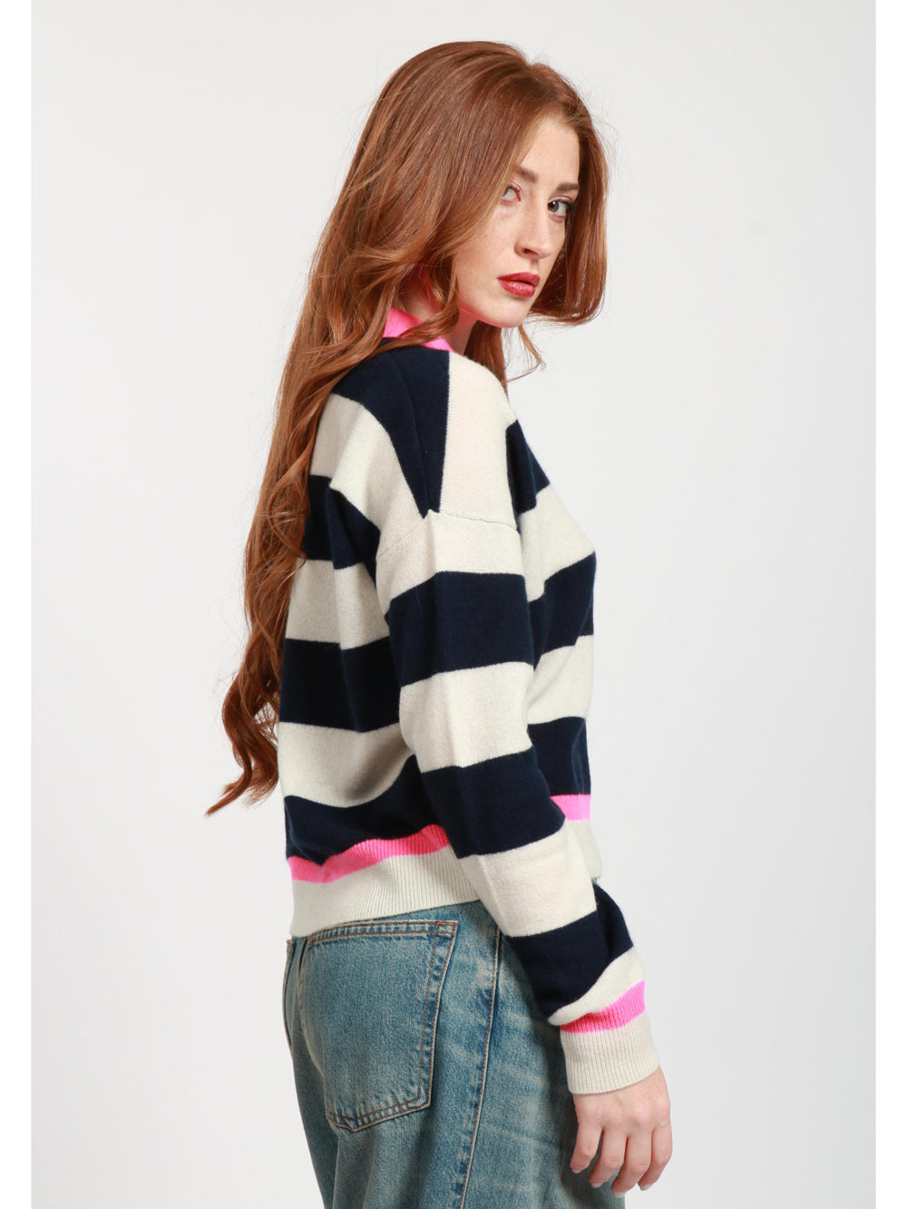 White and Blue Striped Cashmere Sweater with Fuchsia Details