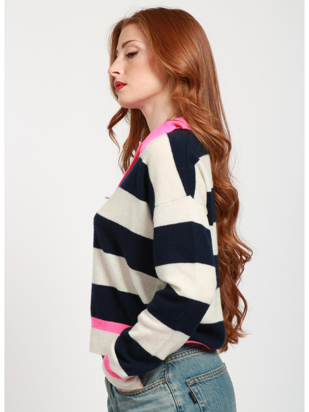 White and Blue Striped Cashmere Sweater with Fuchsia Details