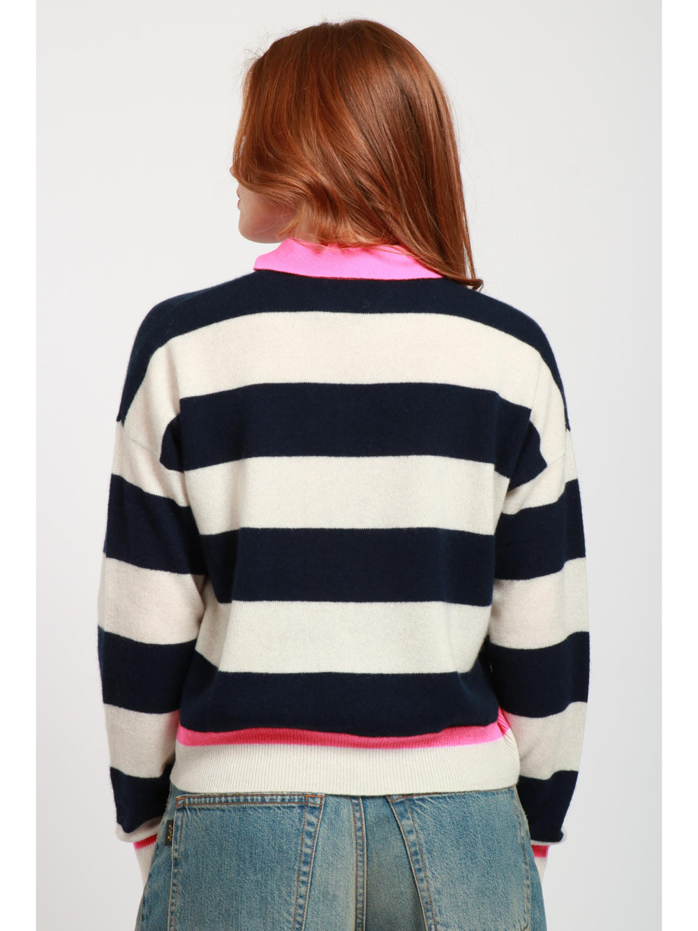 White and Blue Striped Cashmere Sweater with Fuchsia Details