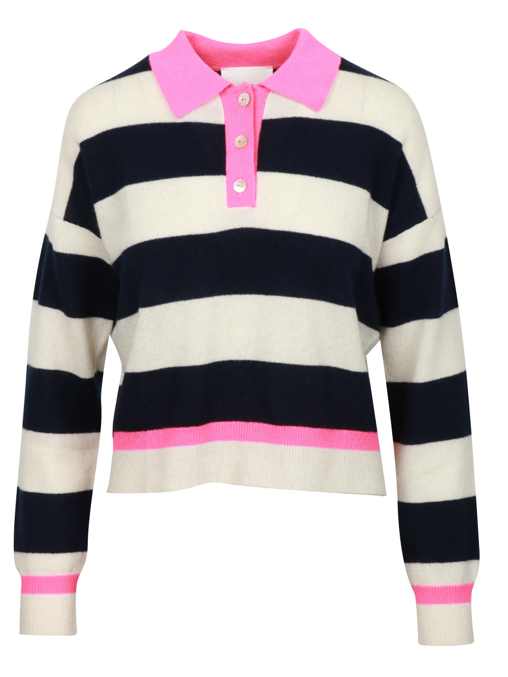 White and Blue Striped Cashmere Sweater with Fuchsia Details