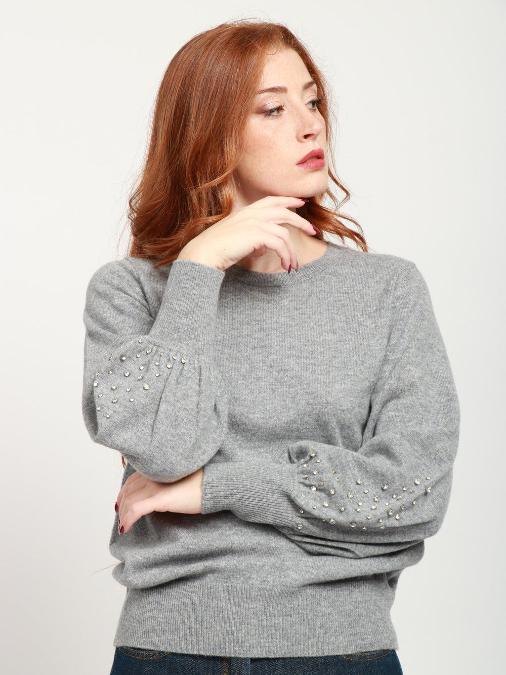 ABSOLUT CASHMERE Maglia Girocollo in Misto Cashmere Grigia con Strass Grigio