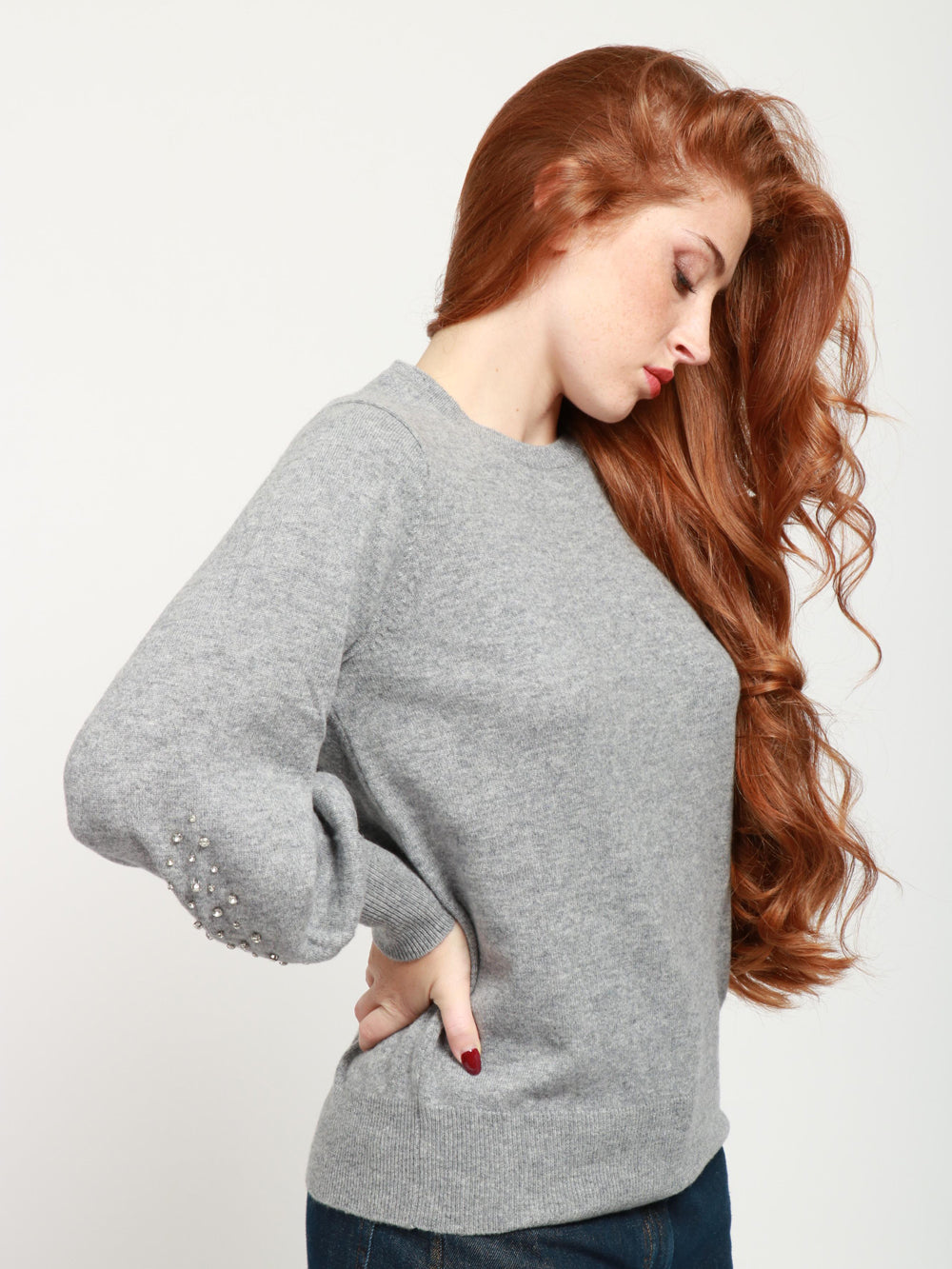 ABSOLUT CASHMERE Maglia Girocollo in Misto Cashmere Grigia con Strass Grigio