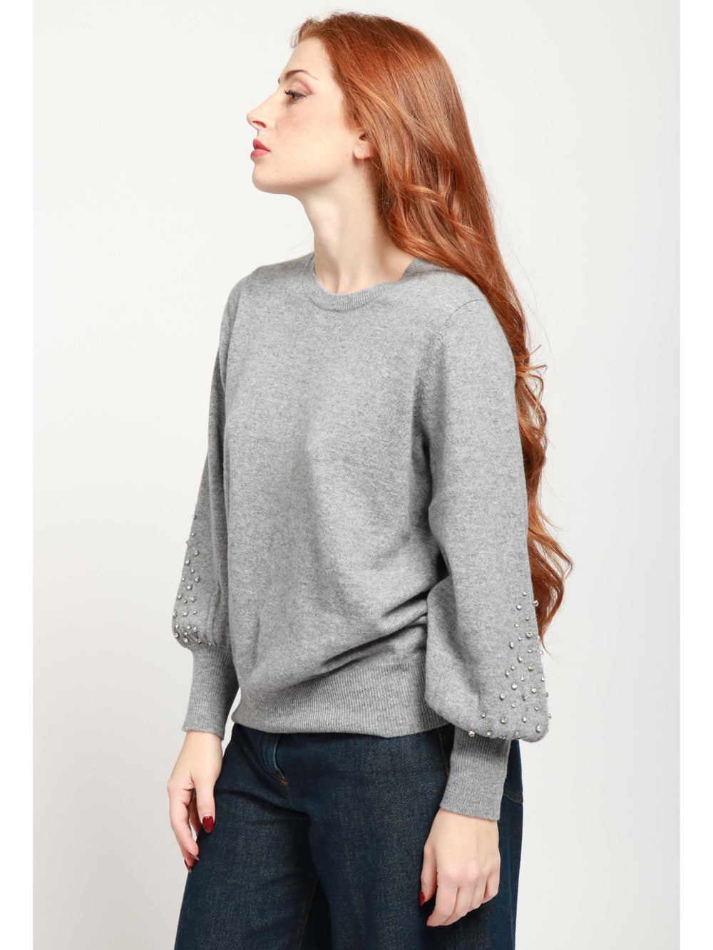 ABSOLUT CASHMERE Maglia Girocollo in Misto Cashmere Grigia con Strass Grigio