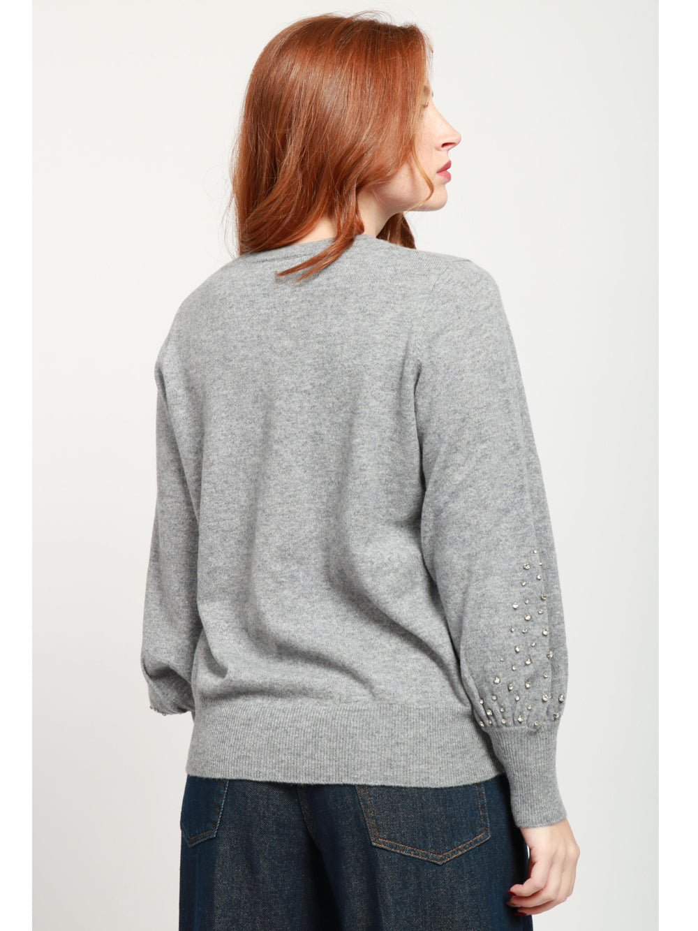 ABSOLUT CASHMERE Maglia Girocollo in Misto Cashmere Grigia con Strass Grigio