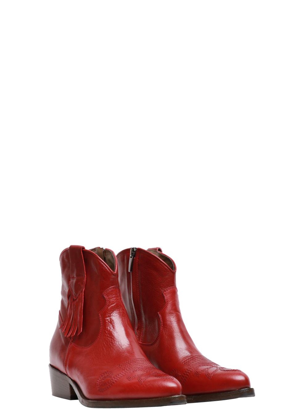 Red Leather Ankle Texan Boots with Fringes