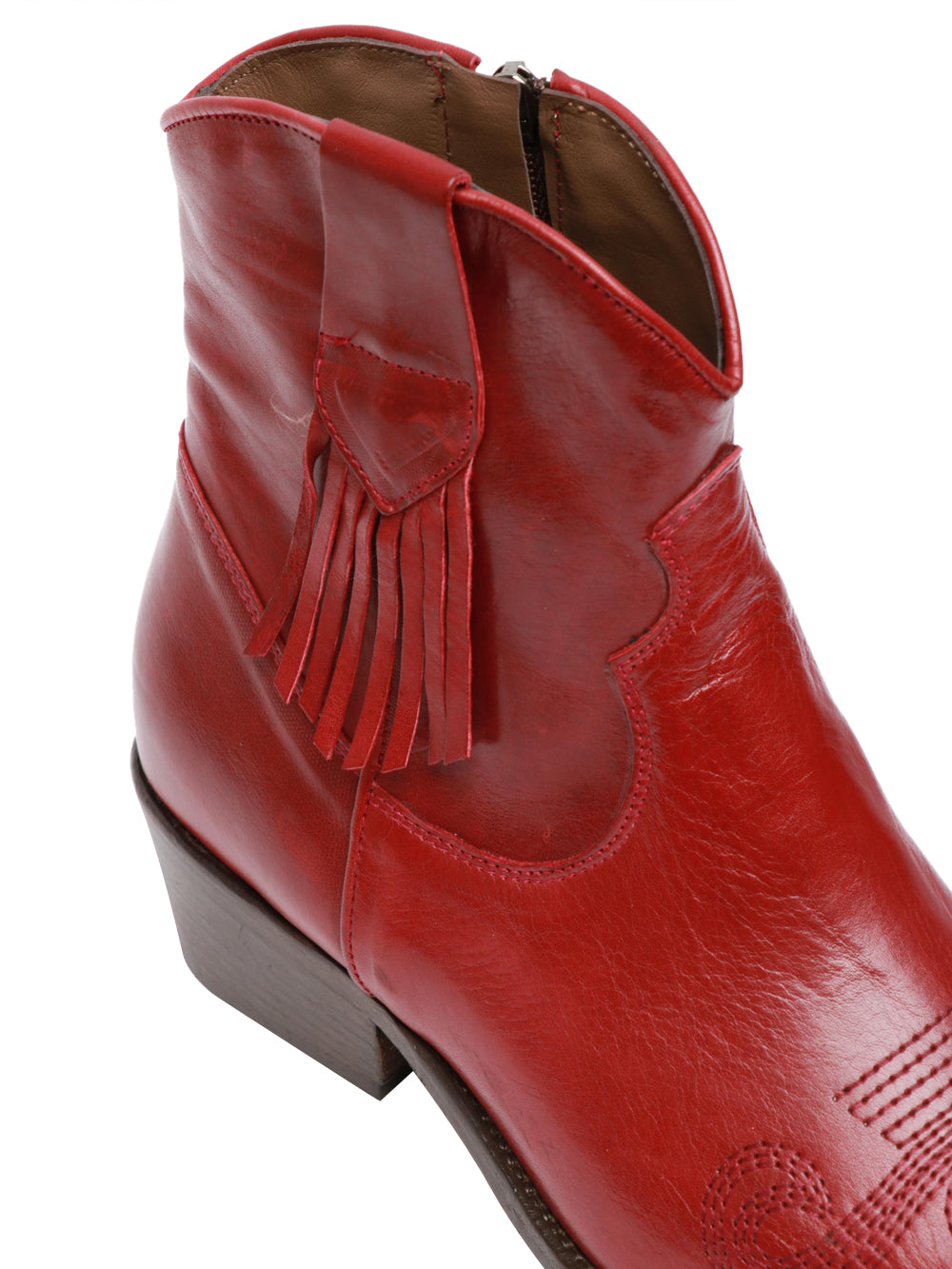 Red Leather Ankle Texan Boots with Fringes