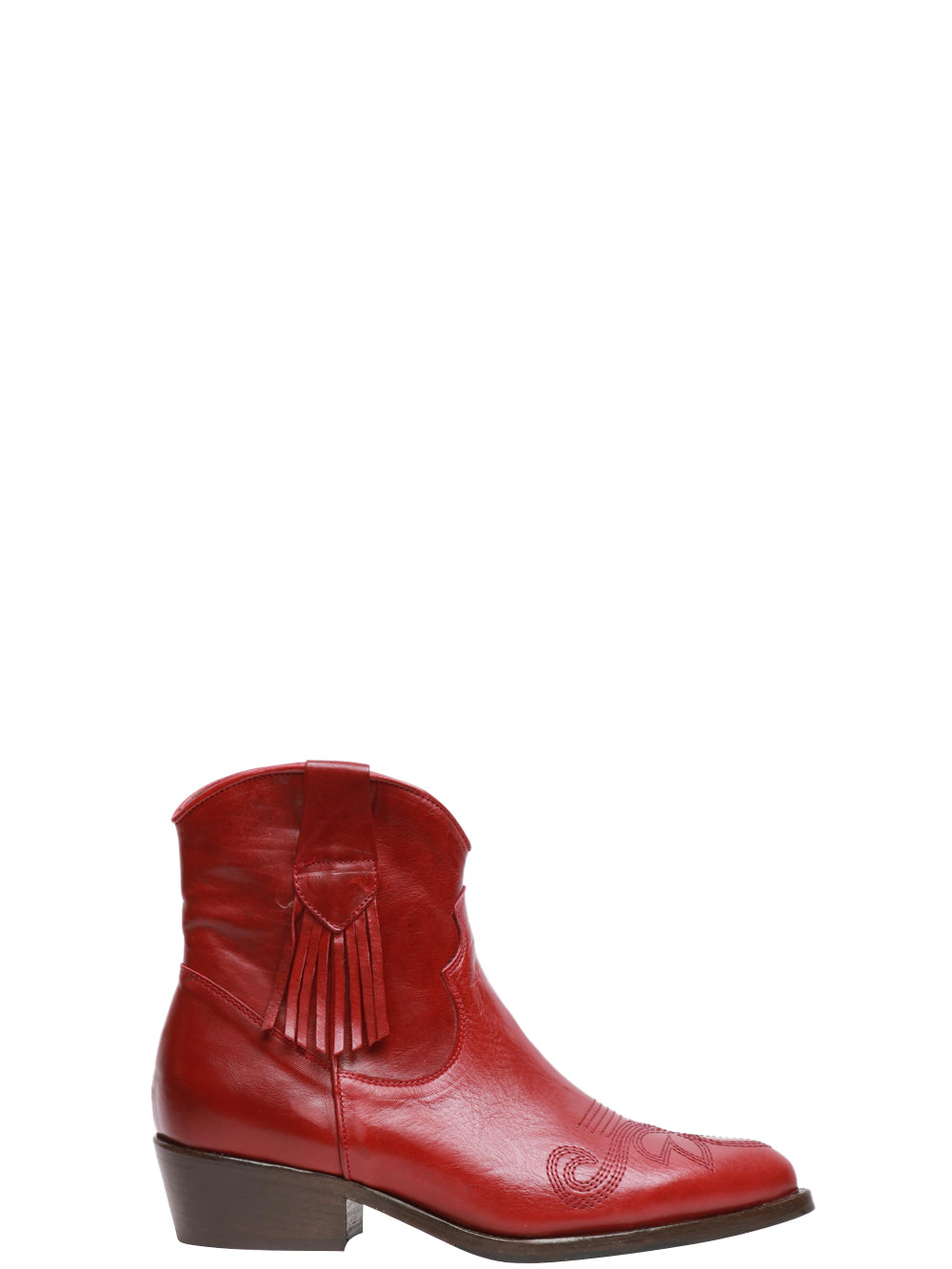 Red Leather Ankle Texan Boots with Fringes