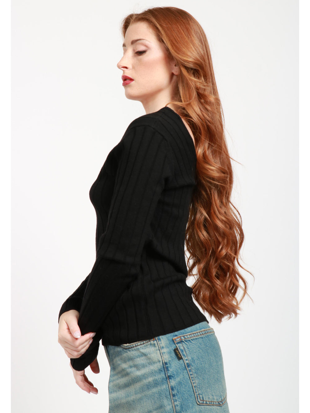 Elvira Black Ribbed Virgin Wool Sweater