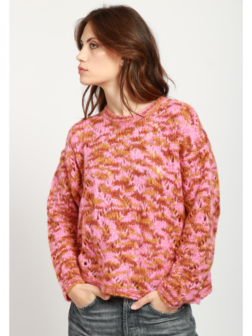 Pink and Tobacco Alpaca Blend Crewneck Sweater