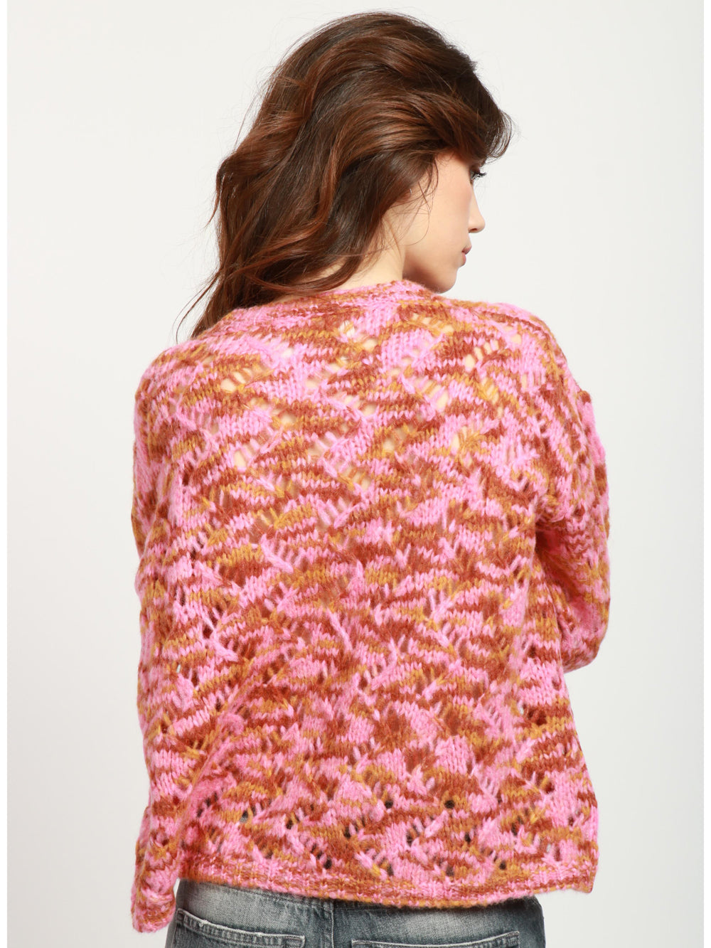 Pink and Tobacco Alpaca Blend Crewneck Sweater