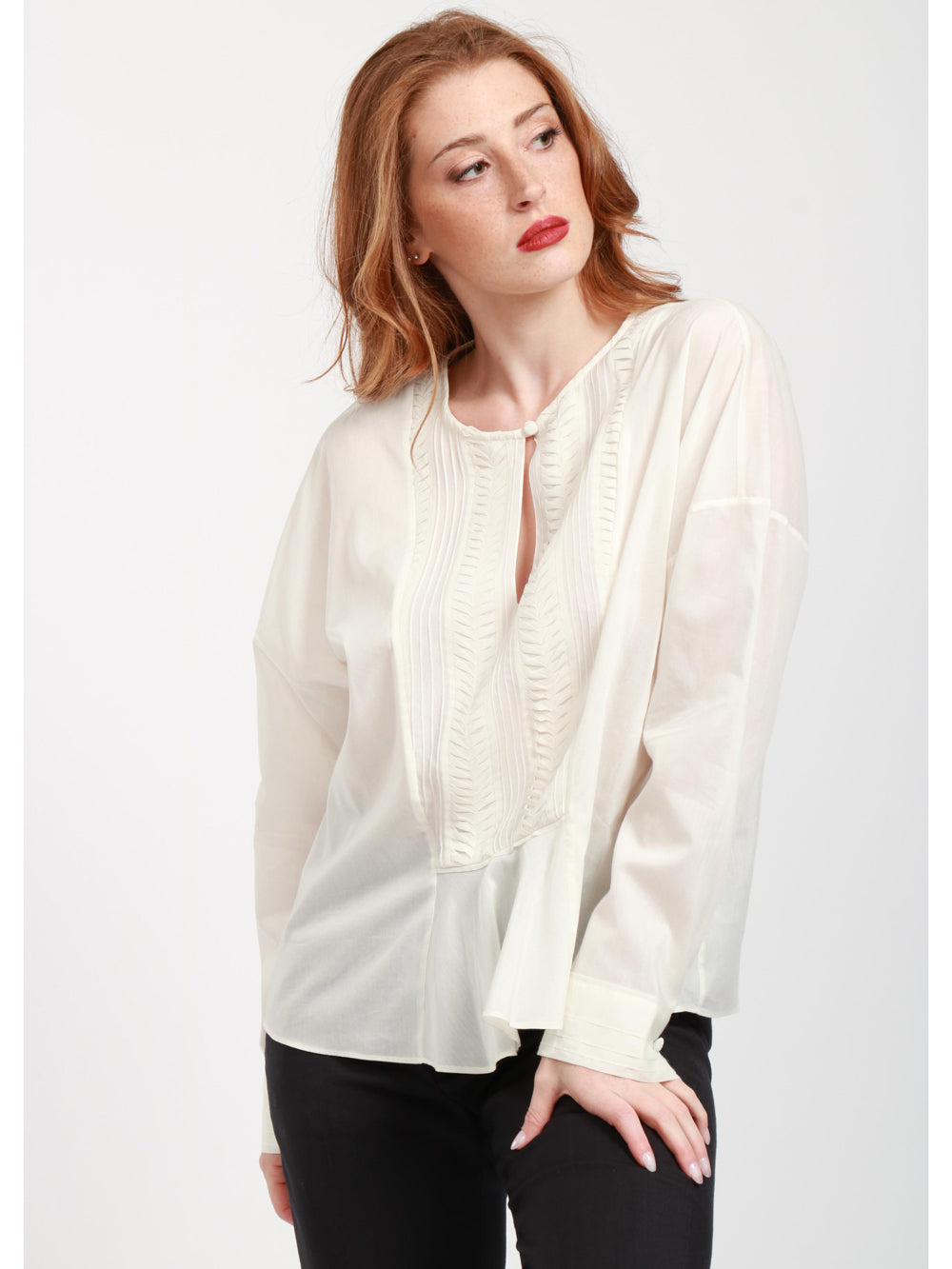 FORTE FORTE Blusa in Voile di Cotone e Seta Avorio con Ricamo Avorio