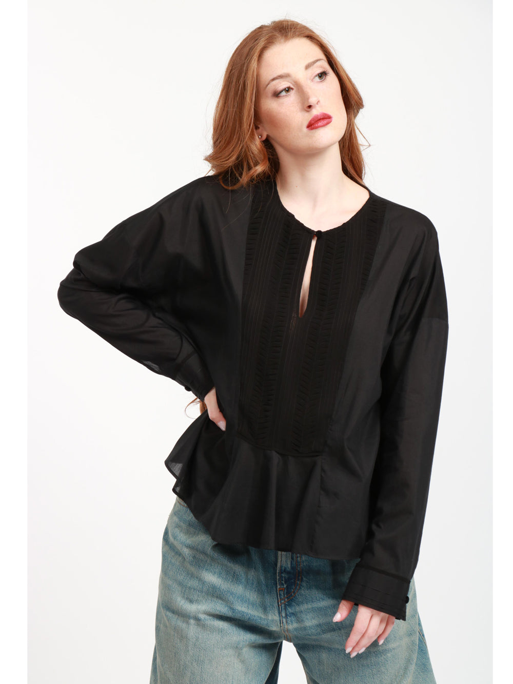 FORTE FORTE Blusa in Voile di Cotone e Seta Nera con Ricamo Nero