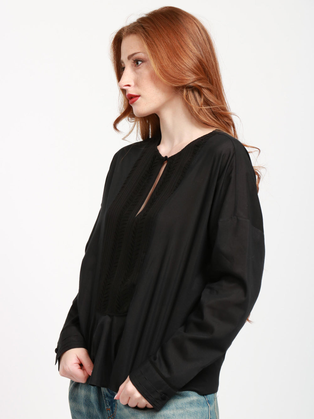 FORTE FORTE Blusa in Voile di Cotone e Seta Nera con Ricamo Nero