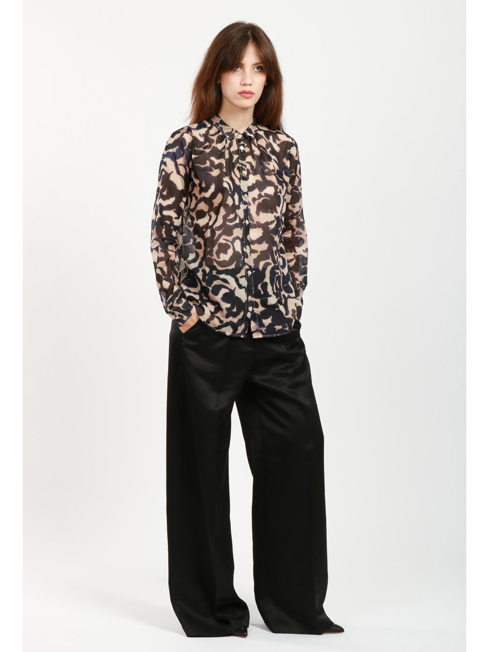 Alchemy Blue and Ivory Rose Print Silk Voile Shirt