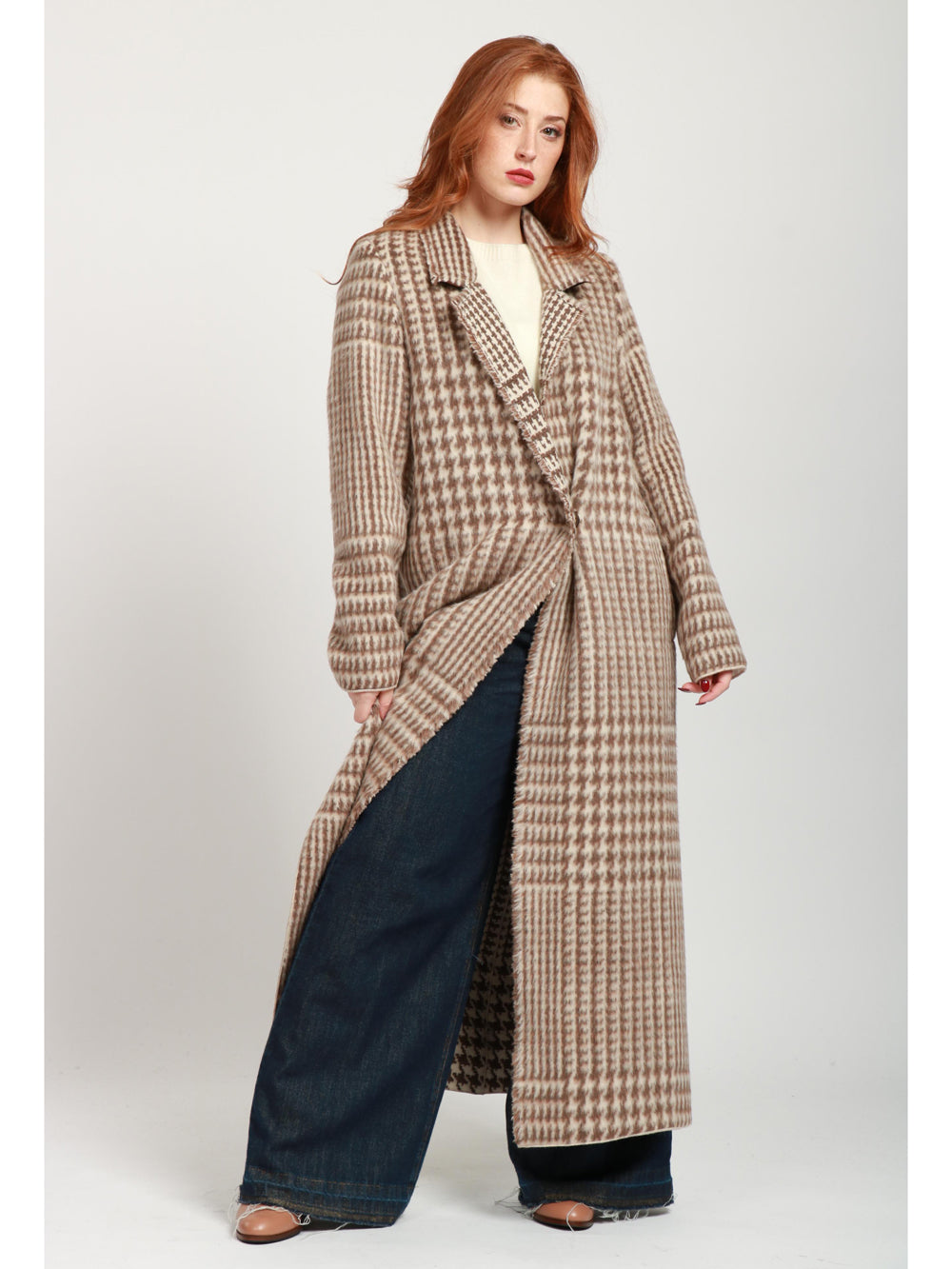 FORTE FORTE Cappotto Monopetto in Misto Alpaca Check Sabbia e Marrone Beige/marrone