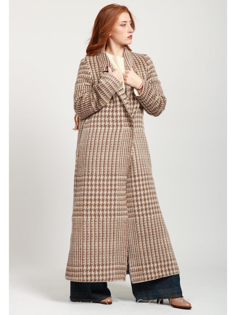 FORTE FORTE Cappotto Monopetto in Misto Alpaca Check Sabbia e Marrone Beige/marrone