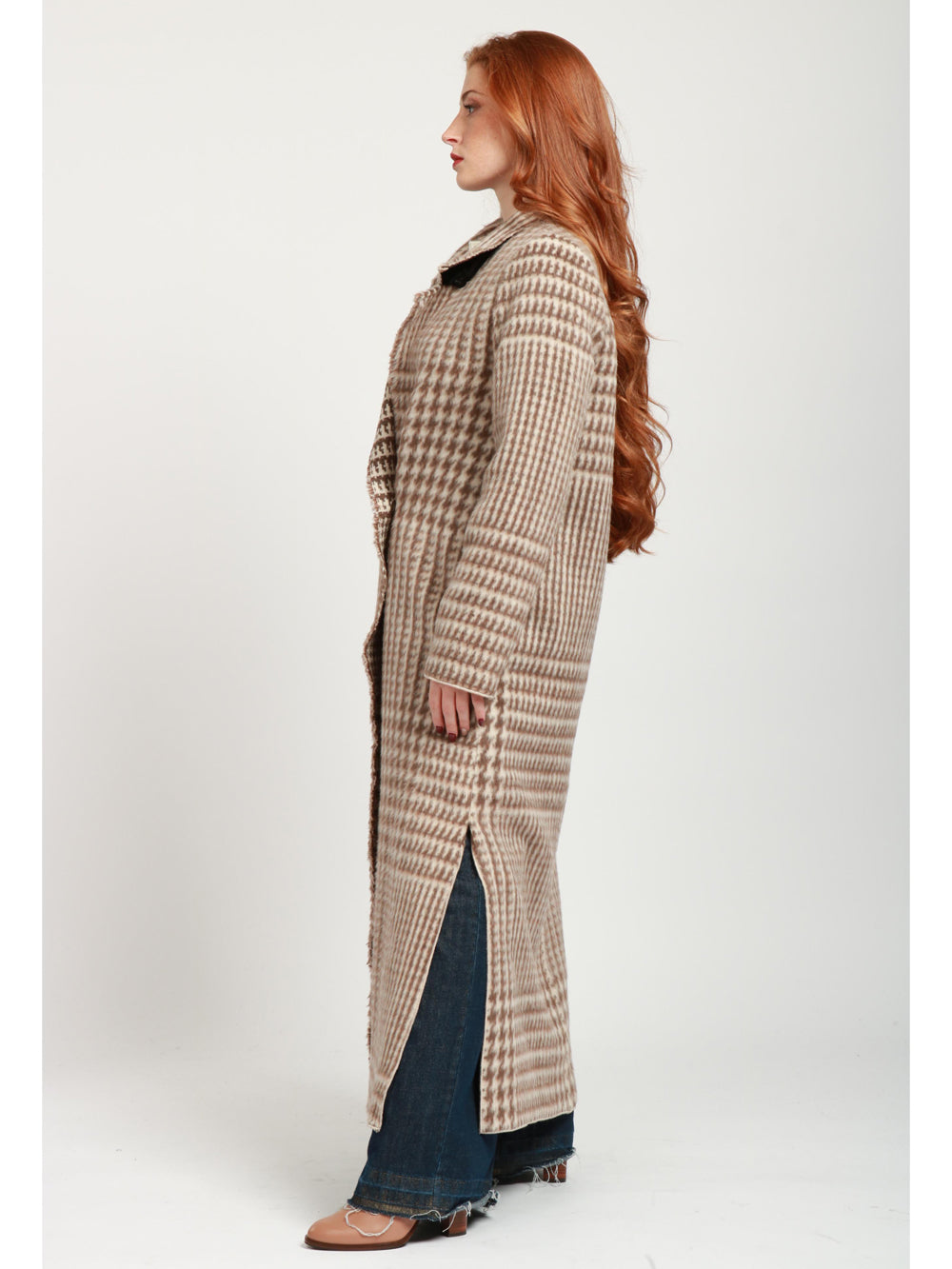 FORTE FORTE Cappotto Monopetto in Misto Alpaca Check Sabbia e Marrone Beige/marrone