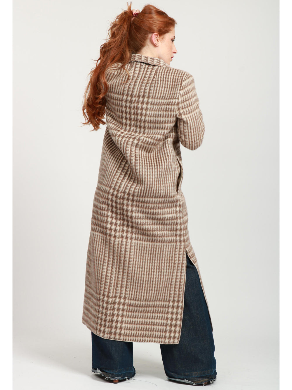 FORTE FORTE Cappotto Monopetto in Misto Alpaca Check Sabbia e Marrone Beige/marrone