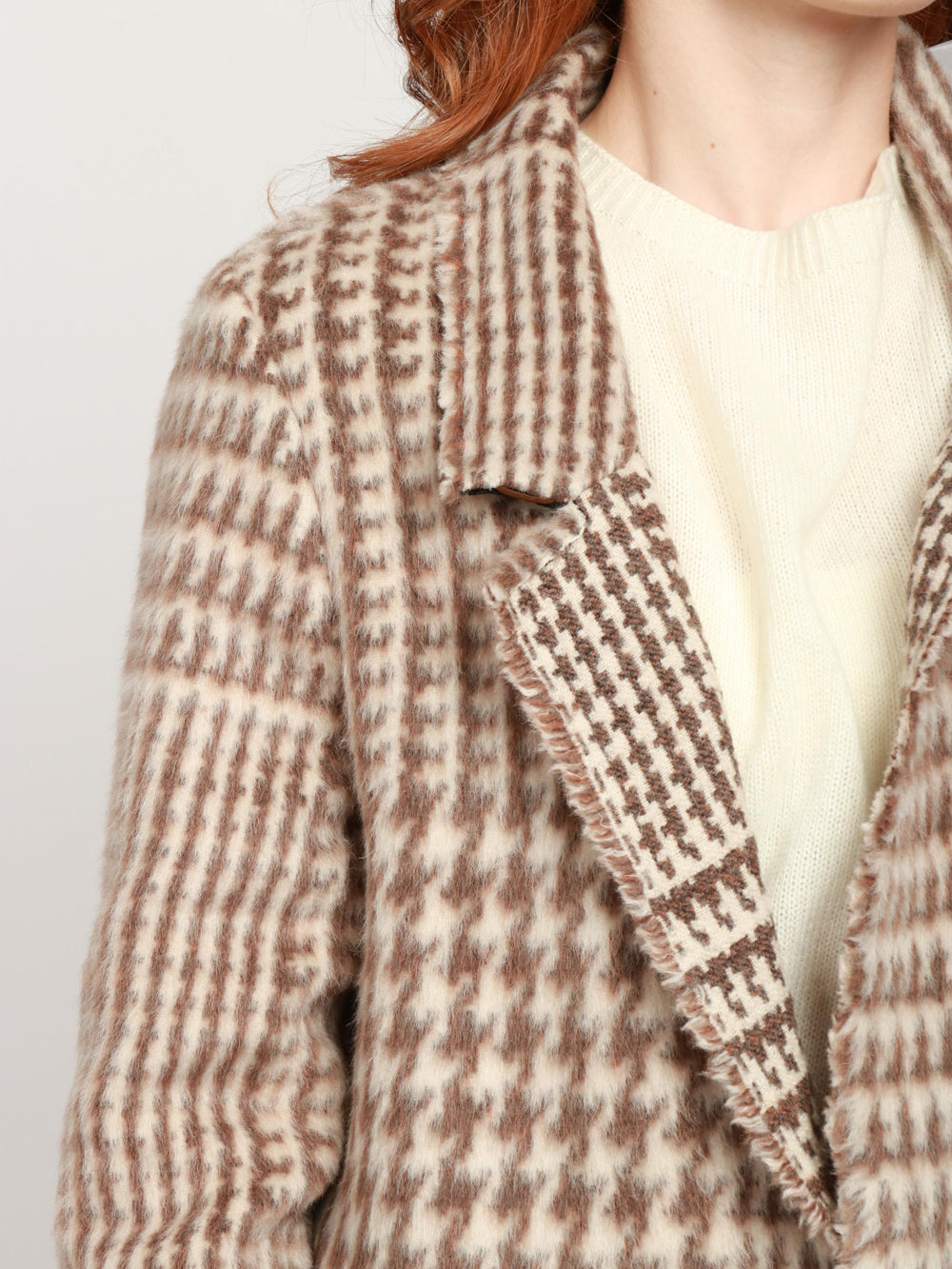 FORTE FORTE Cappotto Monopetto in Misto Alpaca Check Sabbia e Marrone Beige/marrone