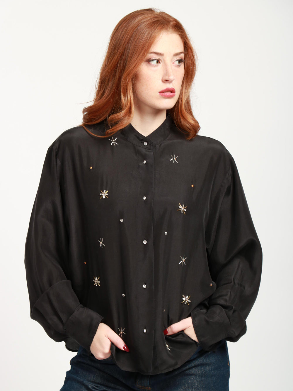 FORTE FORTE Camicia in Seta Nera con Strass Nero