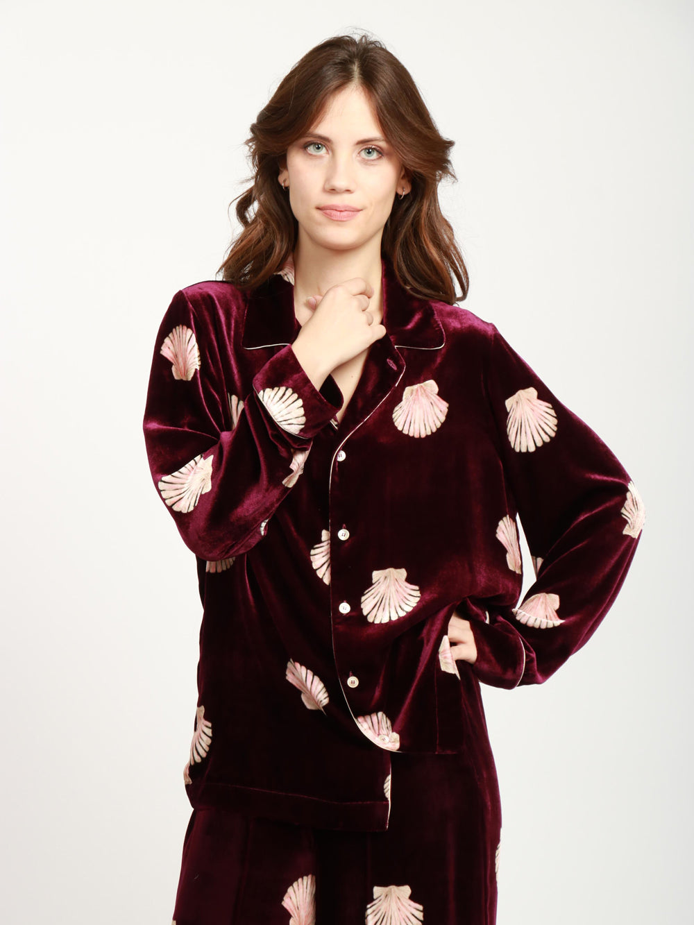 FORTE FORTE Camicia Pigiama in Velluto Bordeaux con Stampa Mother of Pearl Bordeaux rosa