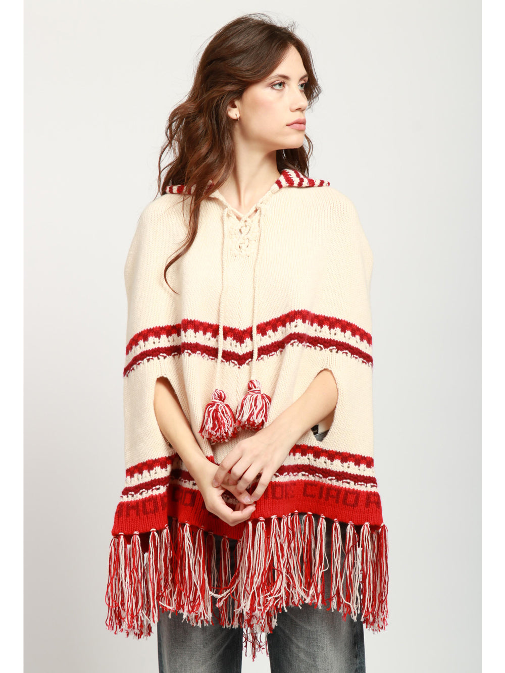 Aspen BB Poncho in Wool and Cashmere Cream and Red