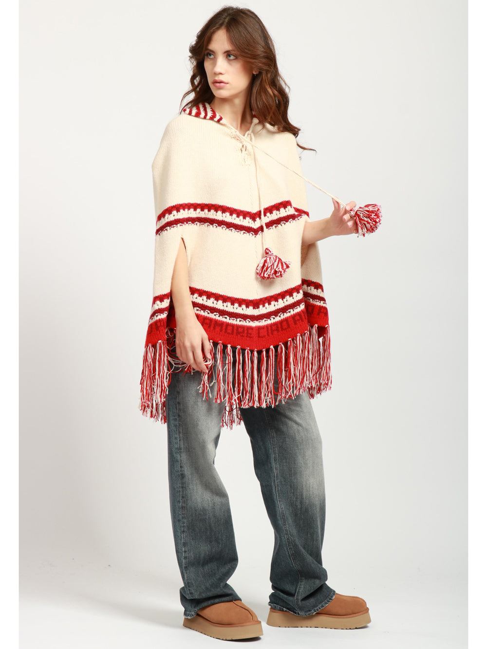 Aspen BB Poncho in Wool and Cashmere Cream and Red