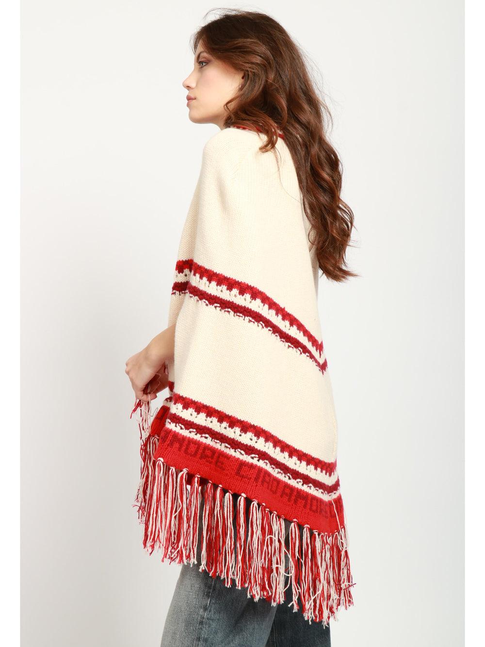 Aspen BB Poncho in Wool and Cashmere Cream and Red