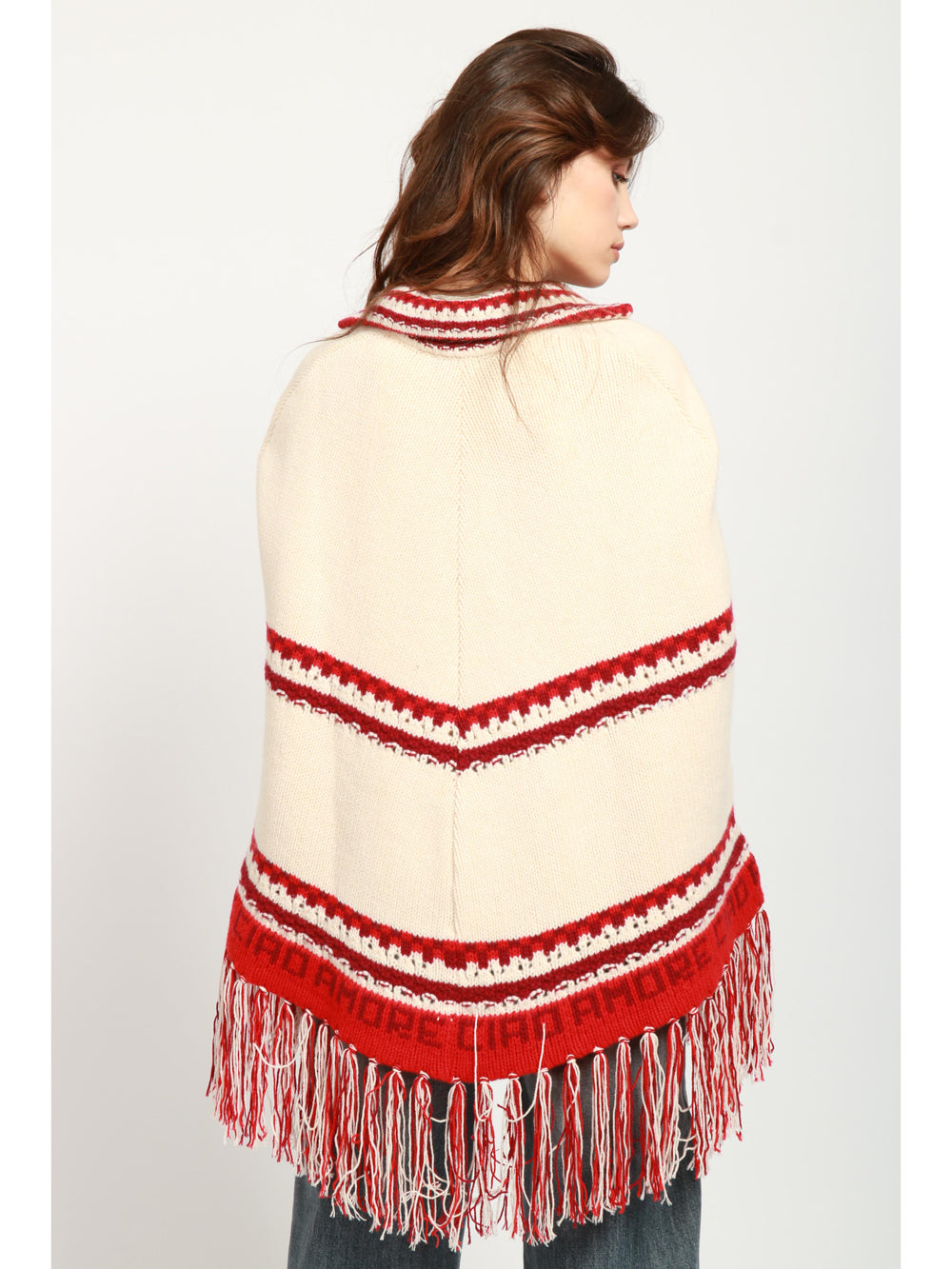 Aspen BB Poncho in Wool and Cashmere Cream and Red