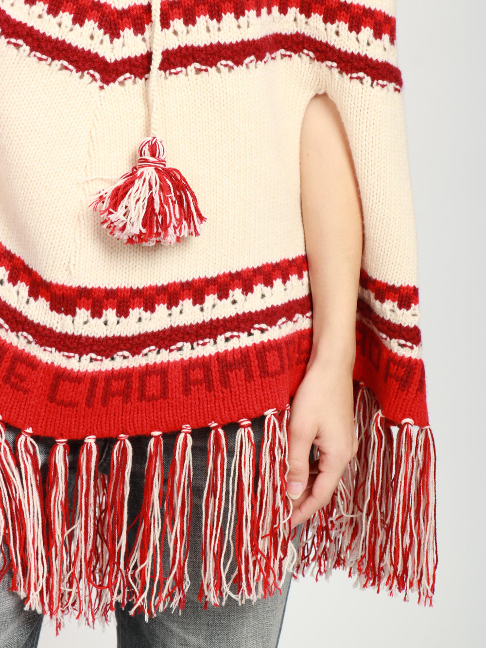 Aspen BB Poncho in Wool and Cashmere Cream and Red