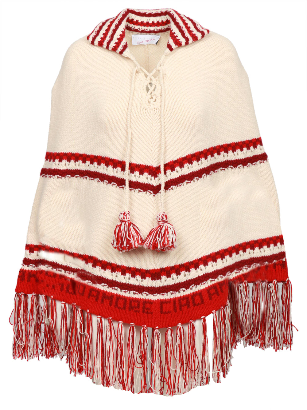 Aspen BB Poncho in Wool and Cashmere Cream and Red