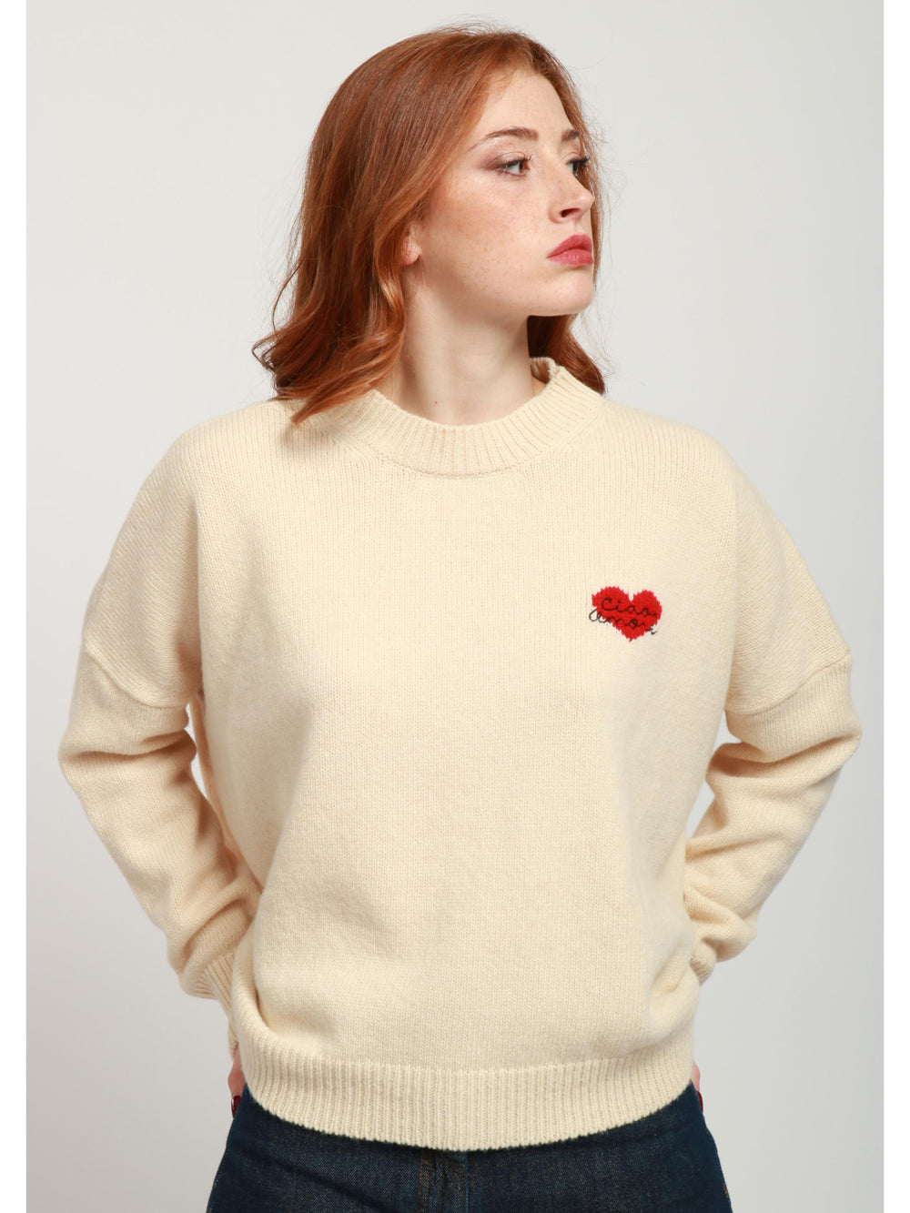 GIADA BENINCASA Maglia Heart Beat in Lana e Cashmere Panna con Cuore Panna