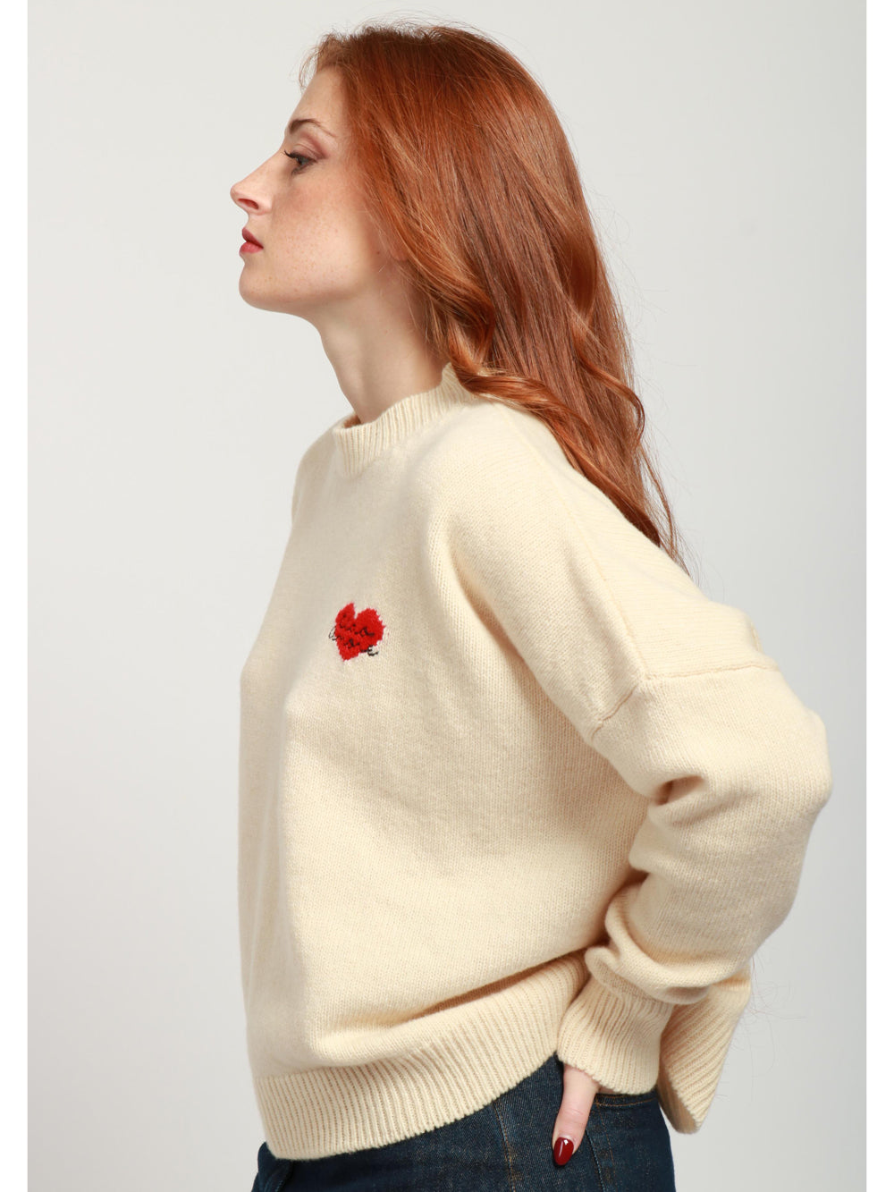 GIADA BENINCASA Maglia Heart Beat in Lana e Cashmere Panna con Cuore Panna