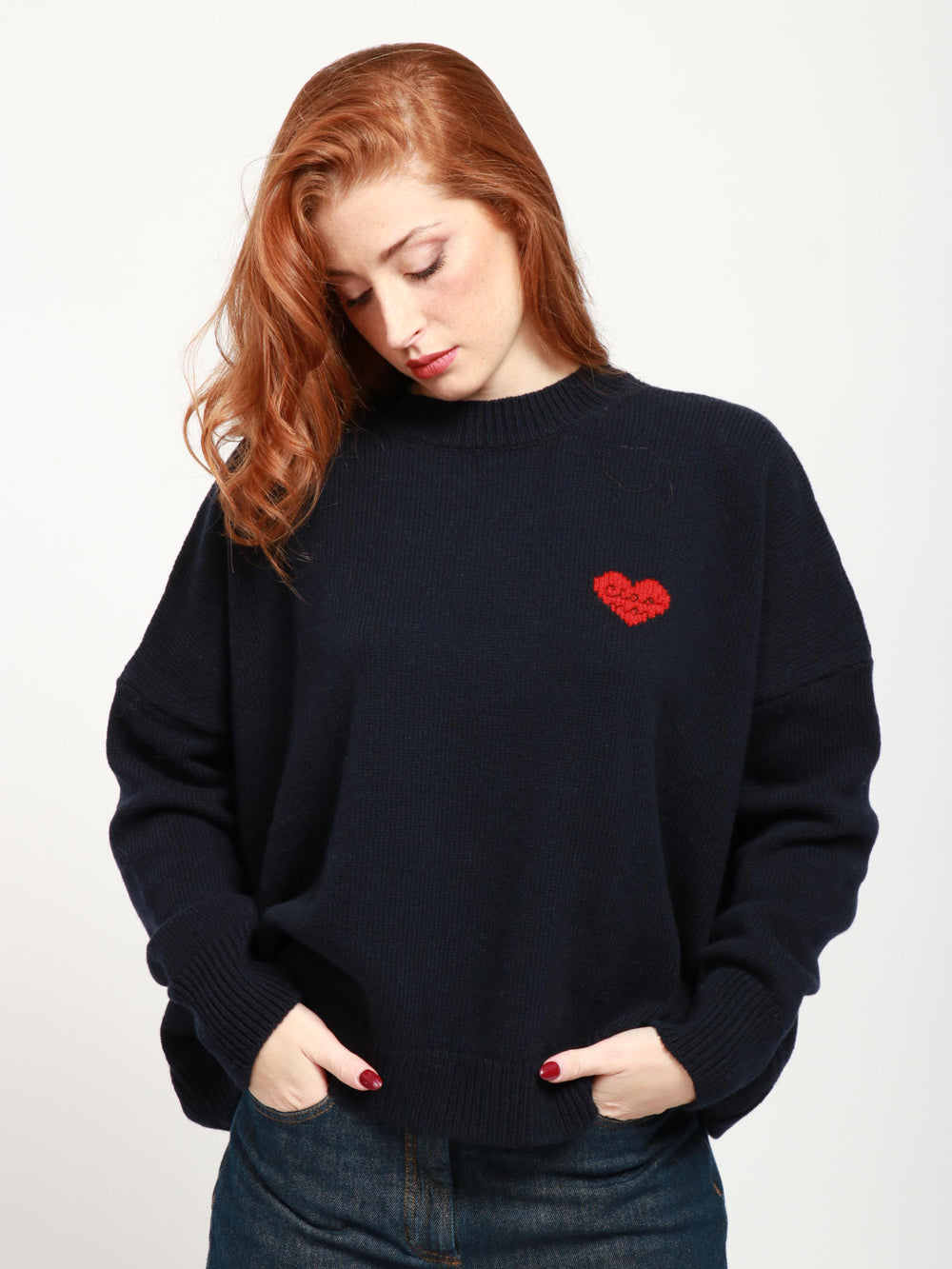 GIADA BENINCASA Maglia Heart Beat in Lana e Cashmere Blu con Cuore Blu