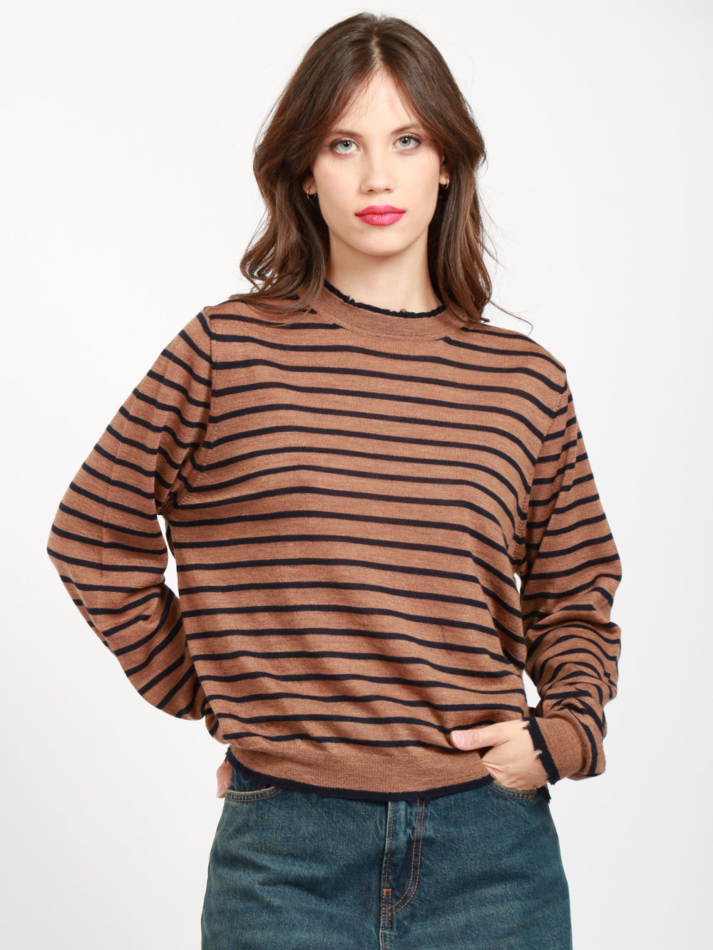 Tobacco and Blue Striped Virgin Wool Crewneck Sweater