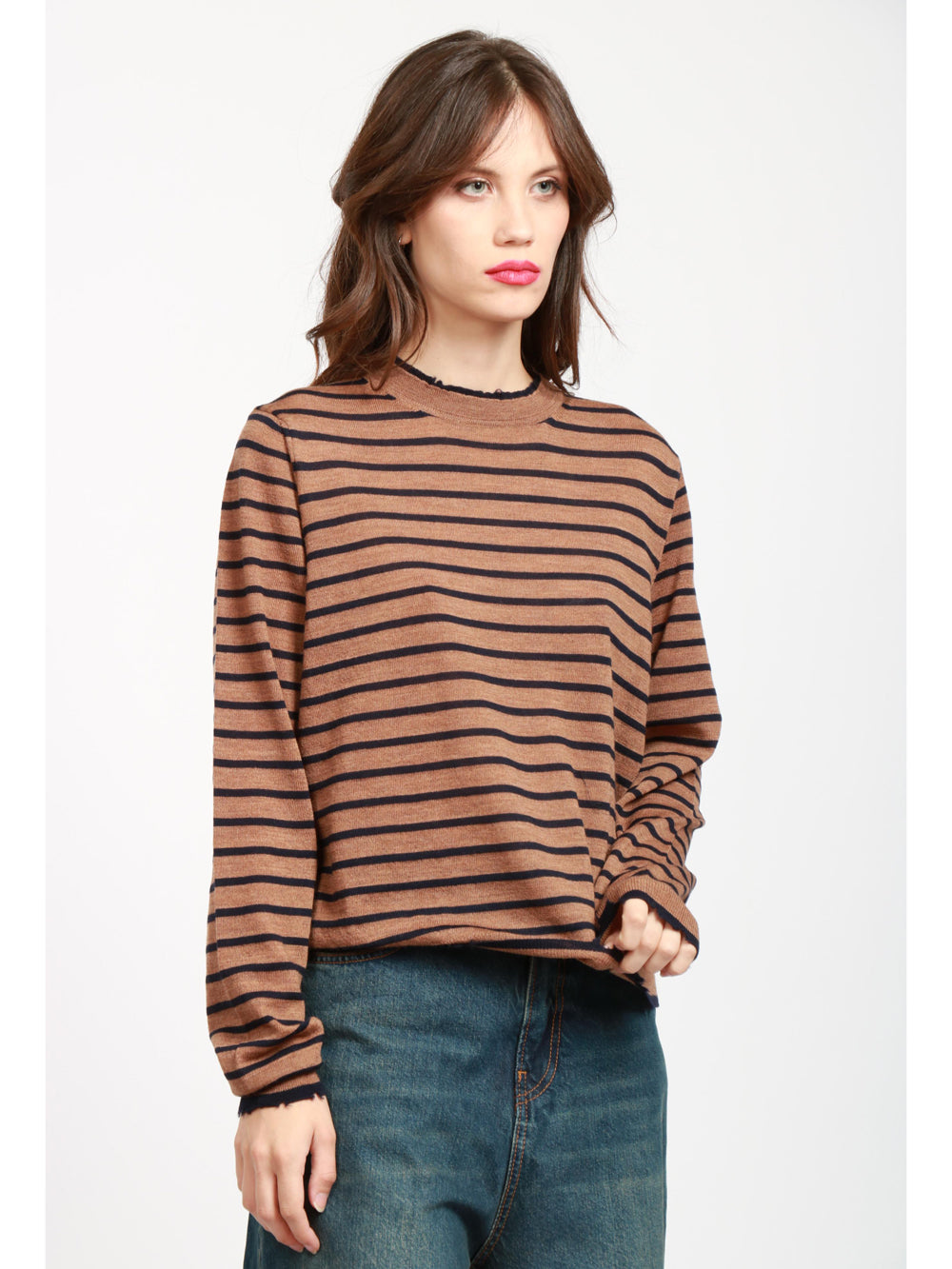 Tobacco and Blue Striped Virgin Wool Crewneck Sweater