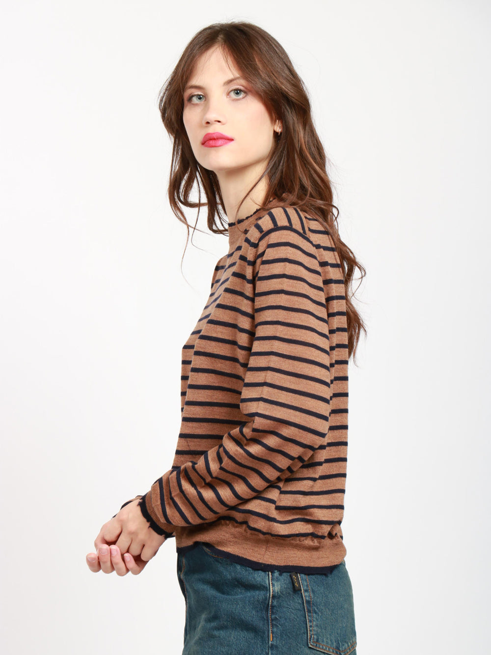 Tobacco and Blue Striped Virgin Wool Crewneck Sweater