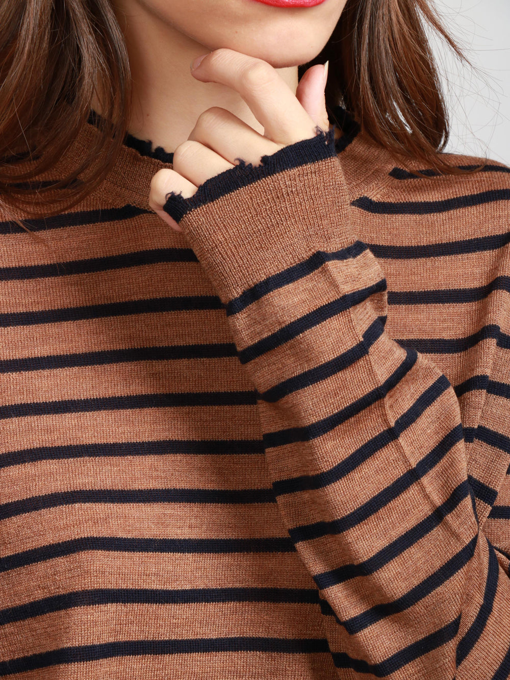 Tobacco and Blue Striped Virgin Wool Crewneck Sweater