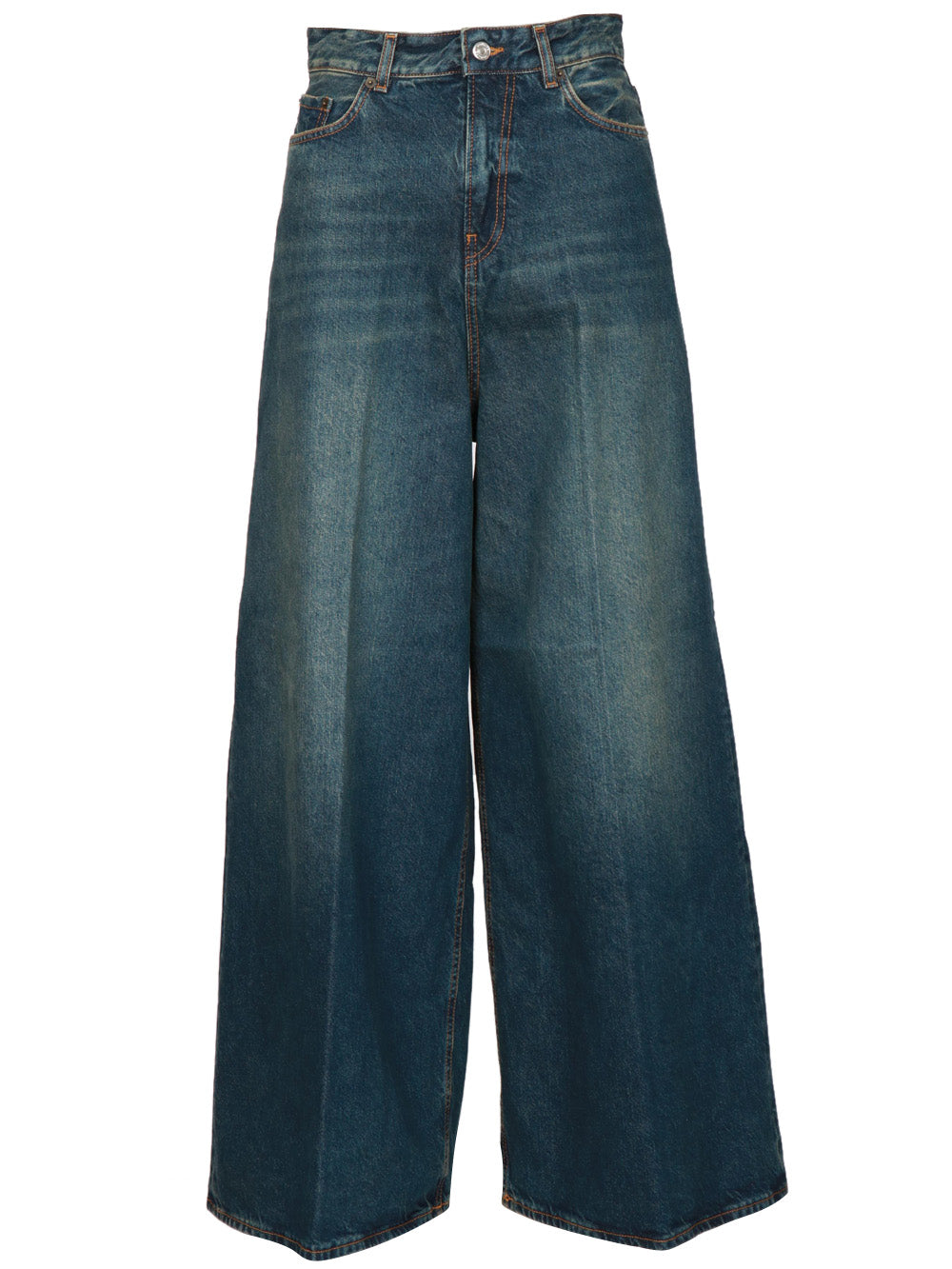 HAIKURE Jeans Big Bethany in Cotone Blu Gamba Ampia Denim+beige