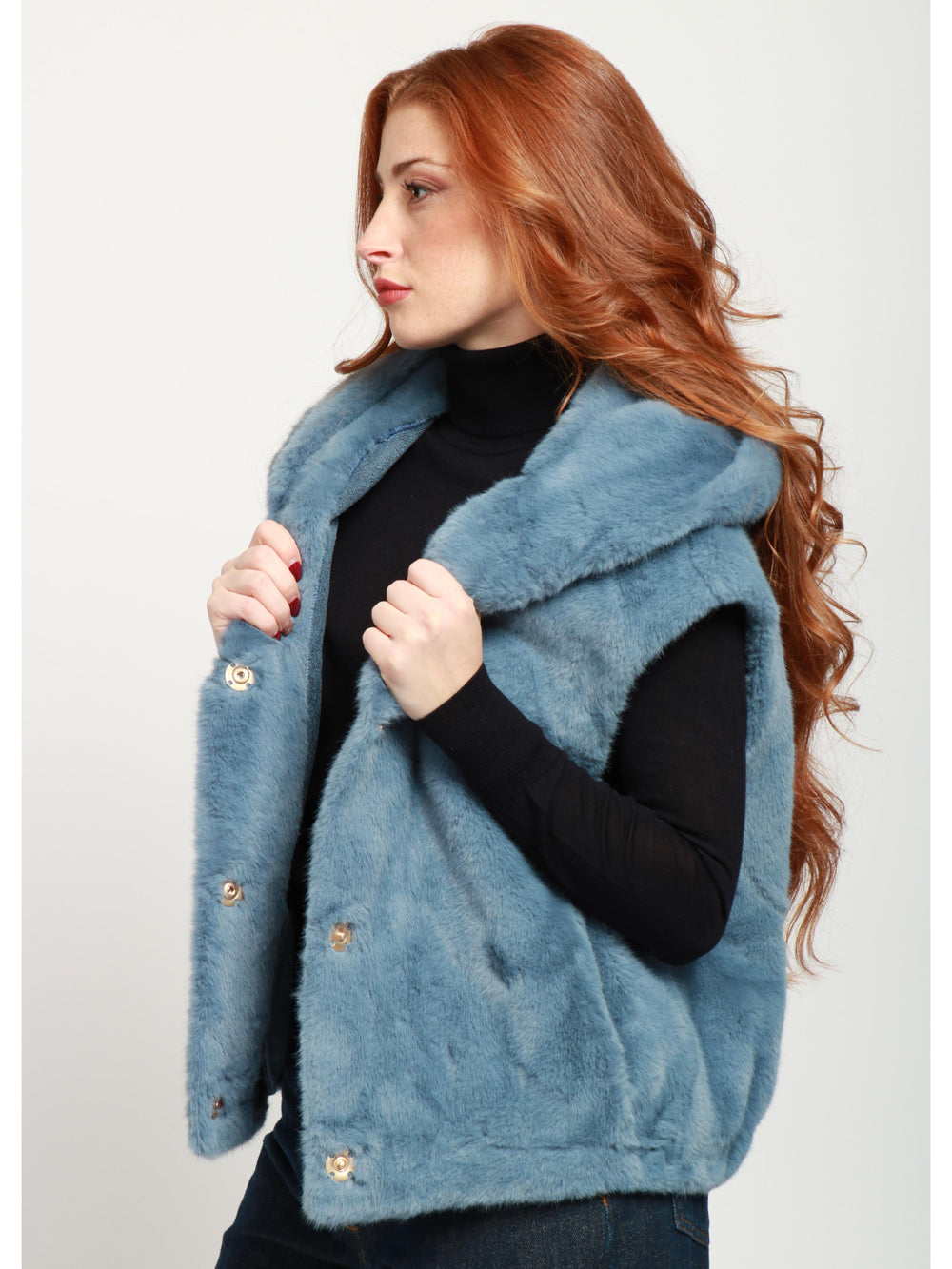 Jamilla Gilet in Ecopelliccia Celeste con Cappuccio Celeste