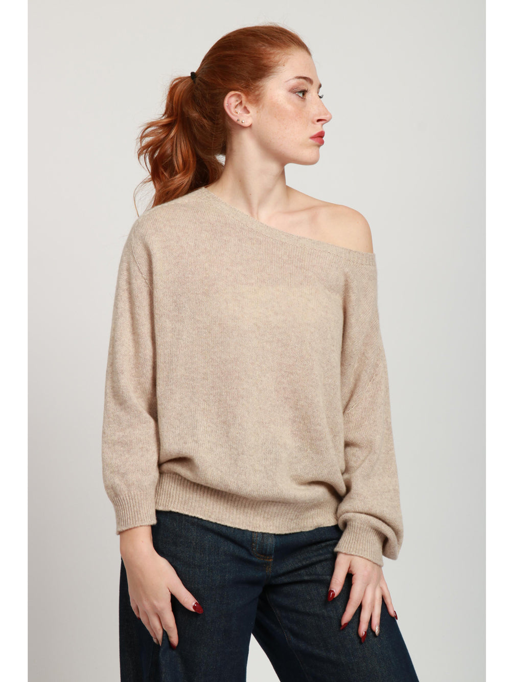 JNJ COUTURE Maglia in Misto Cashmere Tortora con Scollo a Barca Taupe