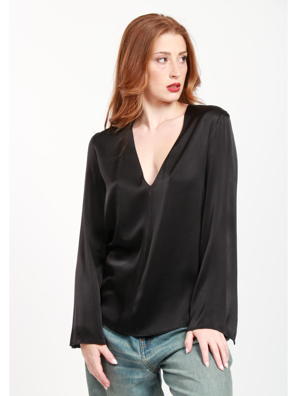 JUCCA Blusa in Seta Nera con Scollo a V Nero