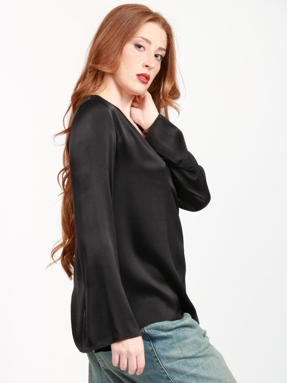 JUCCA Blusa in Seta Nera con Scollo a V Nero