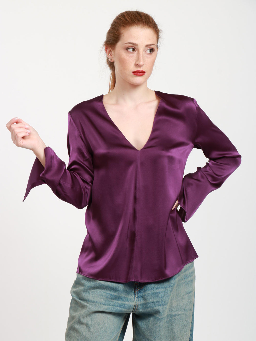 JUCCA Blusa in Seta Viola con Scollo a V Viola