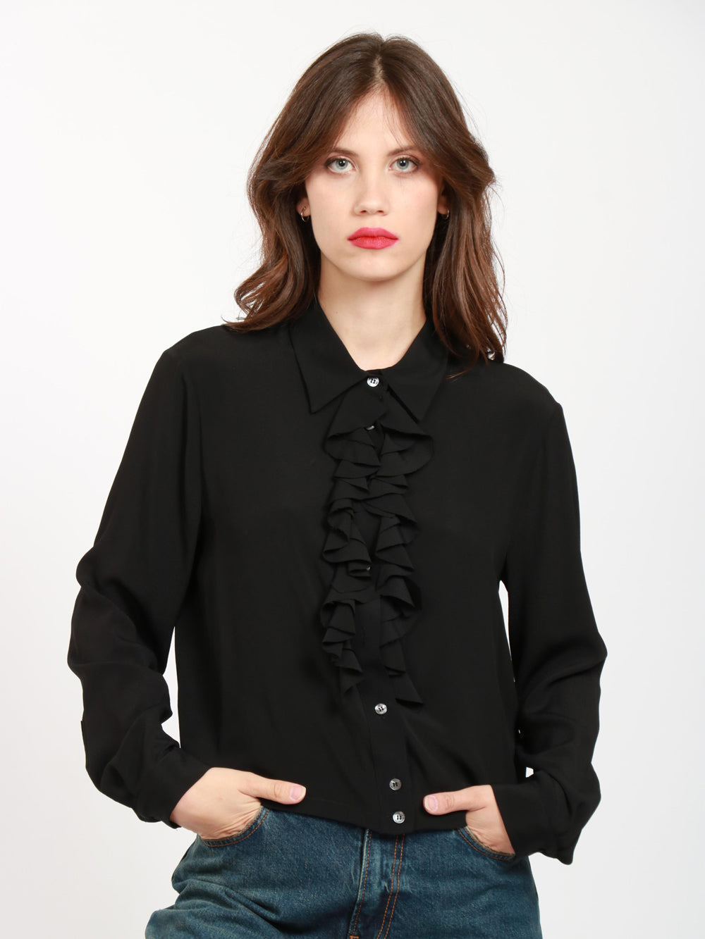 Camicia in Voile di Seta Nera con Ruches