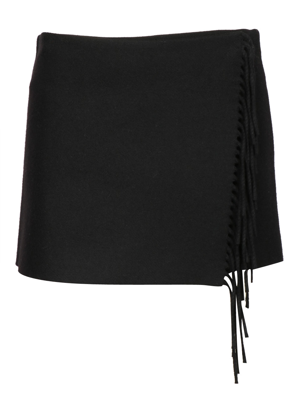 Black Cashmere Blend Wrap Mini Skirt with Fringes