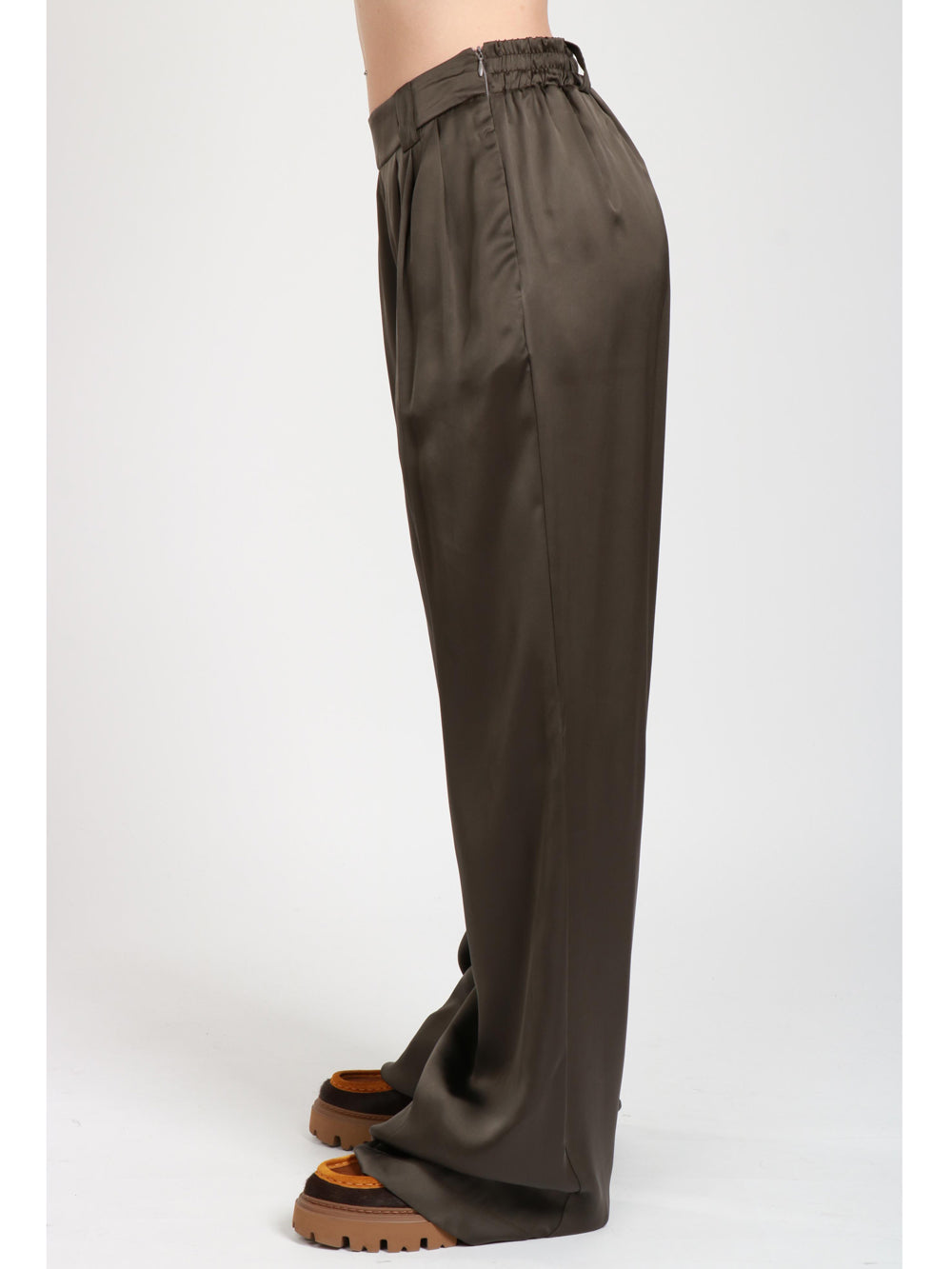 Lanzarote Palazzo Pants in Military Green Silk with Darts