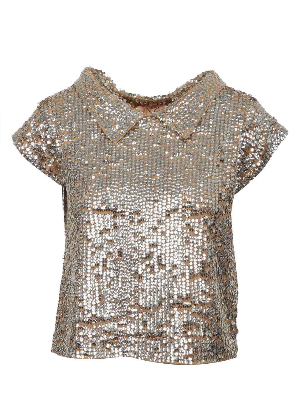 N°21 T-Shirt in Lana Vergine Nude con Paillettes Argento Caramello/argento